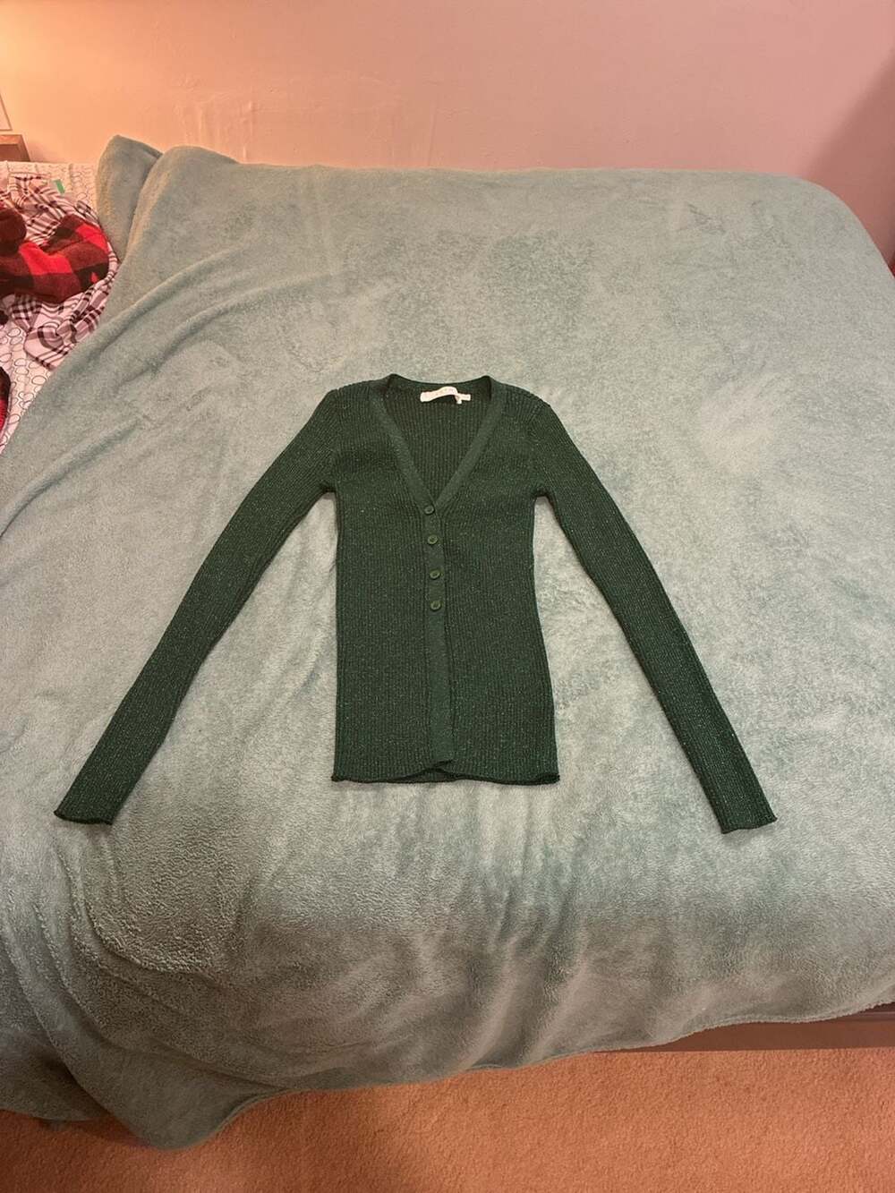 ASTR the Label Metallic Green Ribbed Button-Down Cardigan